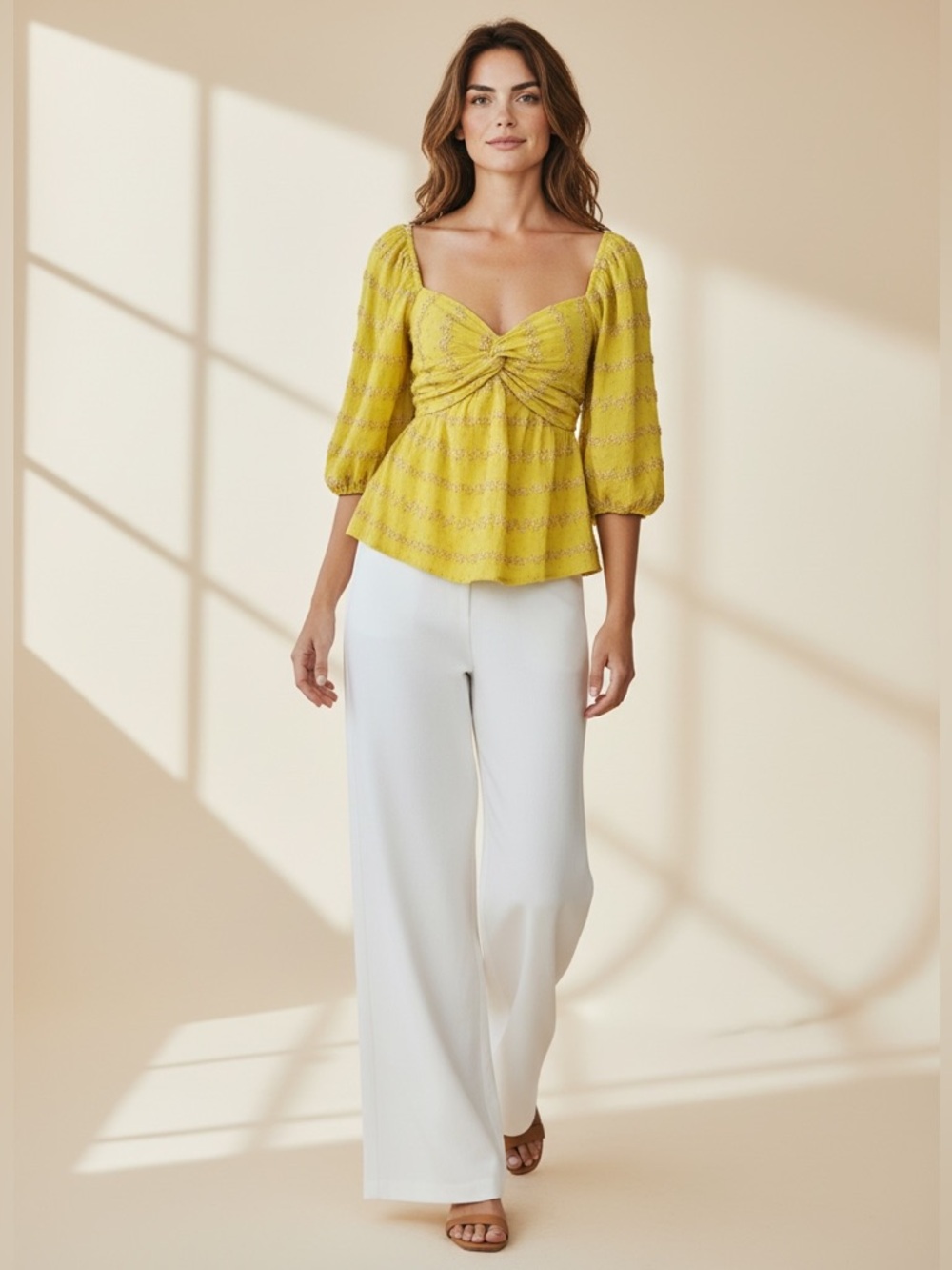Vici Yellow Twisted Front Puff Sleeve Blouse